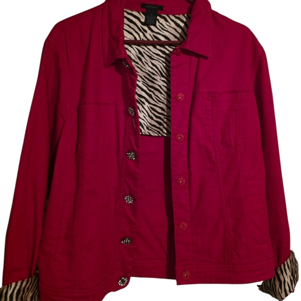 Zebra Lined Collar & Cuffs, Large Sparkle Jeweled Buttons, Red Denim Jacket - Picture 10 of 12